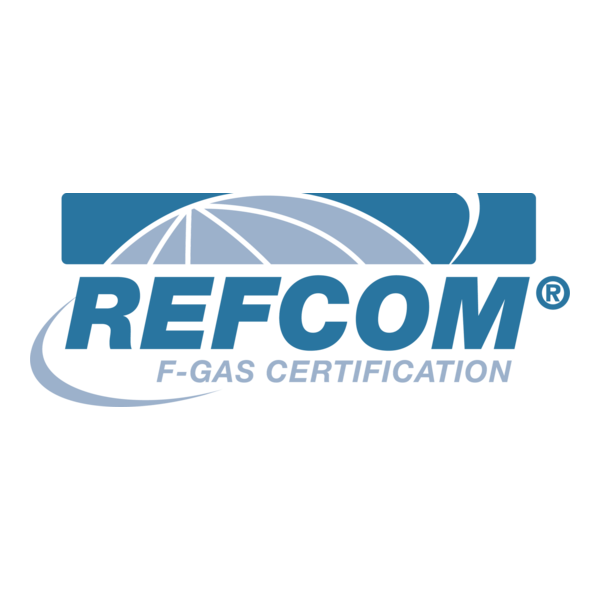 Logo for REFCOM F-Gas Certification. The design features a stylized blue globe above the bold text 